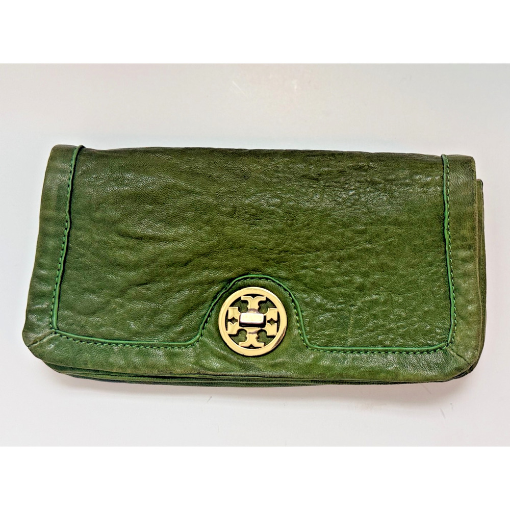 Tory Burch Amanda French Fold Wallet Olive Green Pebbled Leather Gold Logo